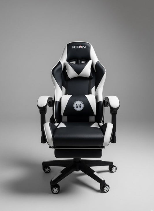 Ergonomic Gaming Chair with Footrest -   Racing Style PC Chair - High-Back PU Leather Swivel Desk Chair - Adjustable Lumbar/Headrest  - Black/White