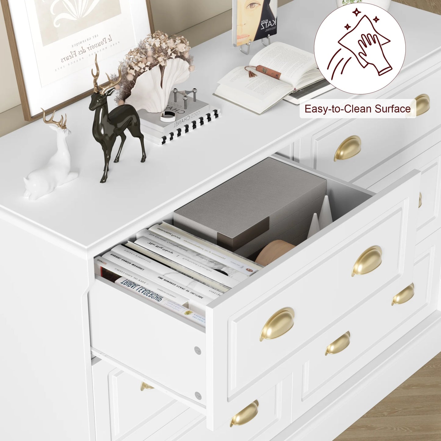 6 Drawer White Double Dresser for Bedroom, Gold Handle Drawer Chest Wood Storage Cabinet for Living Room, White