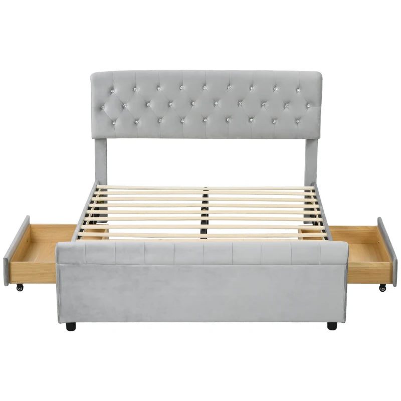 Full Bed Frame with Headboard, Double Bed Frame with 2 Drawers, No Box Spring Needed, Easy Assembly, Light Grey
