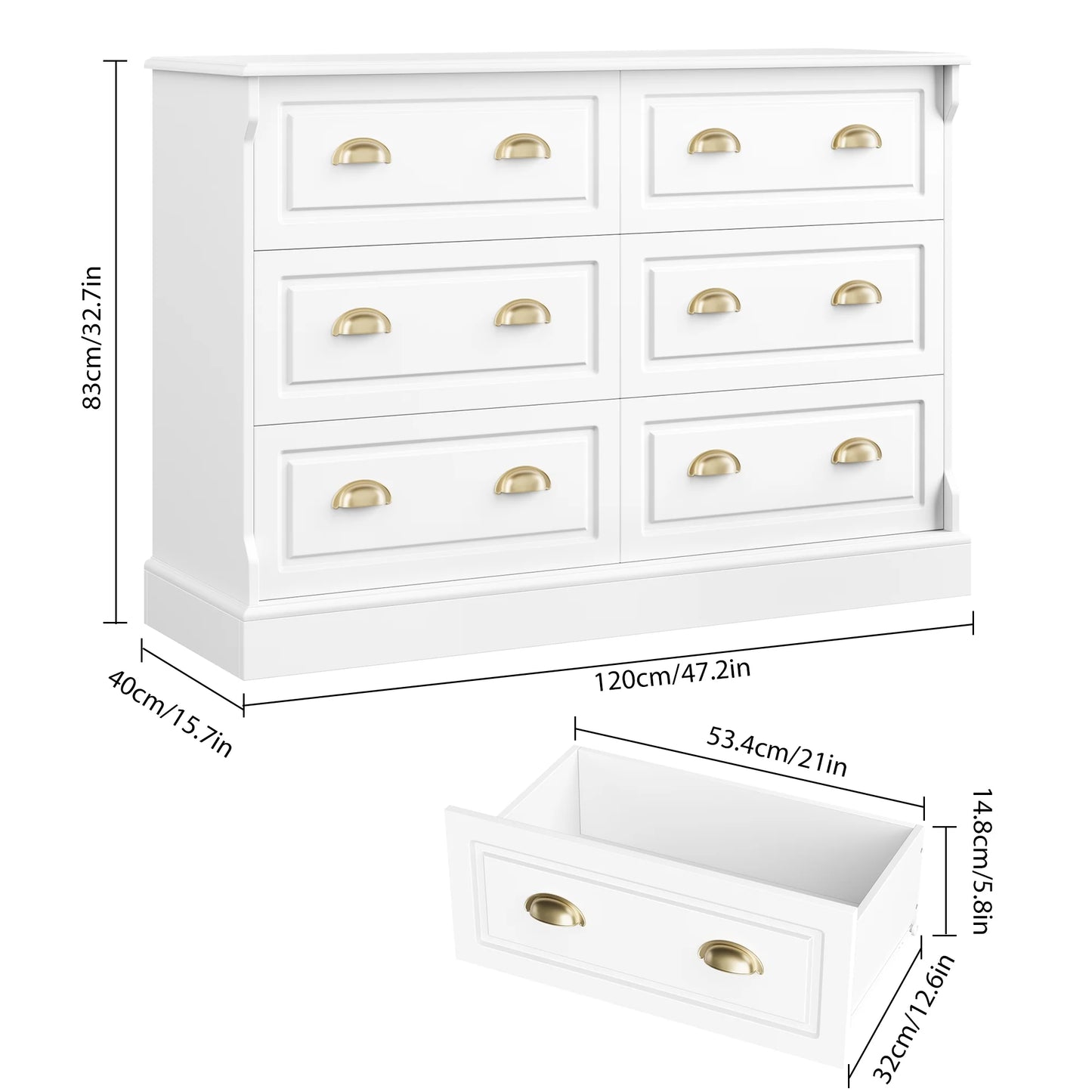 6 Drawer White Double Dresser for Bedroom, Gold Handle Drawer Chest Wood Storage Cabinet for Living Room, White