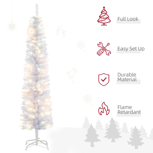6ft Tall Prelit Pencil Artificial Christmas Tree, Holiday Décor with 395 Realistic Branches, 100 LED Lights, Foldable Metal Base, White
