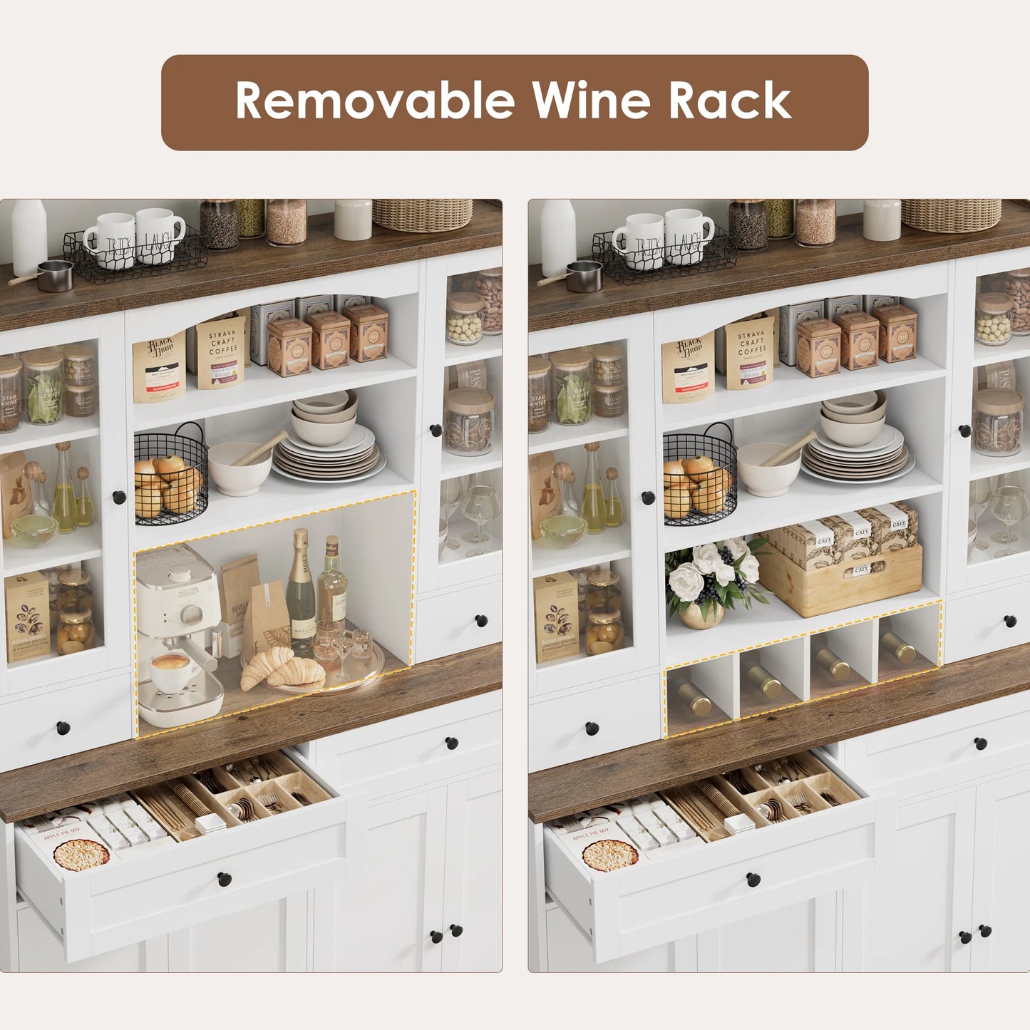 70.9'' Kitchen Pantry Cabinet, Freestanding Cupboard with Removable Wine Rack and Shelves, for Living Dining Room, White
