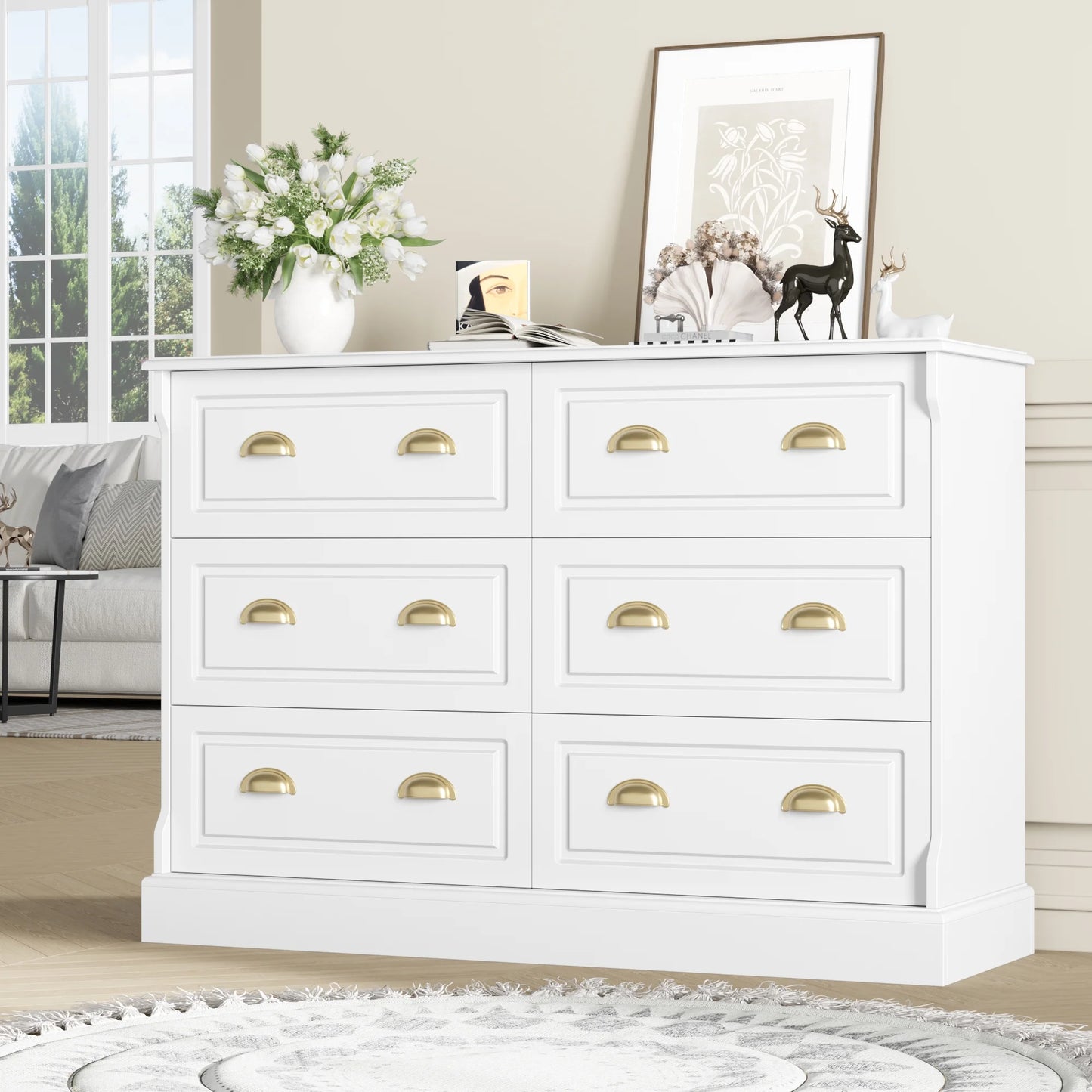 6 Drawer White Double Dresser for Bedroom, Gold Handle Drawer Chest Wood Storage Cabinet for Living Room, White
