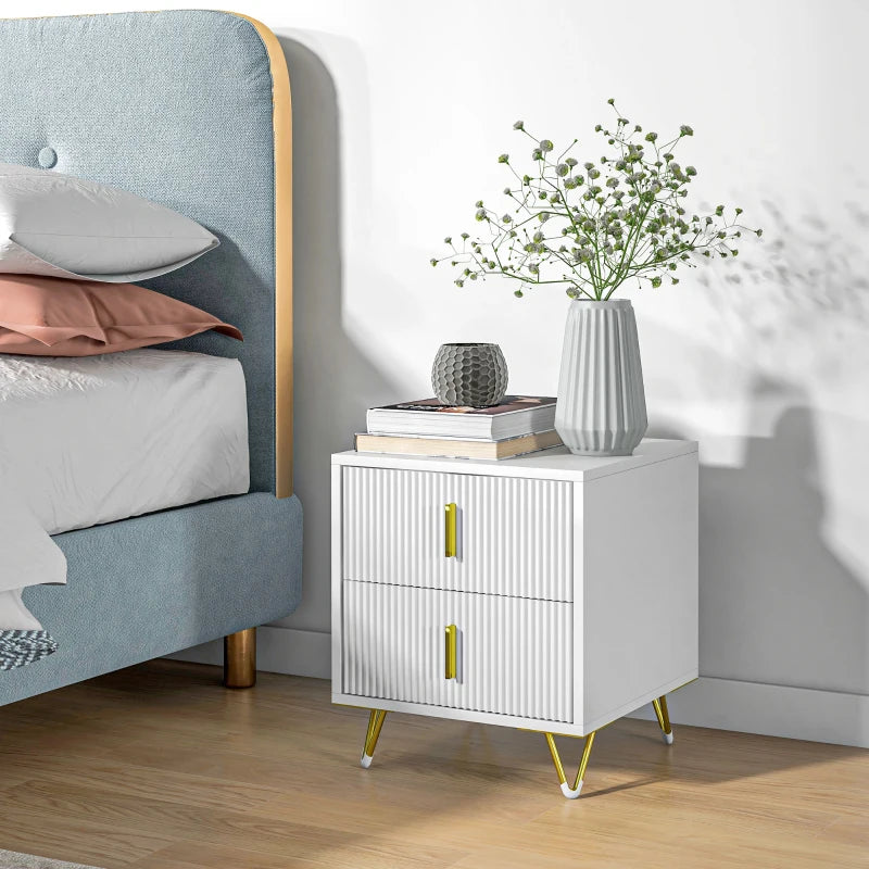 Bedside Table, Modern Nightstand with 2 Drawers, Side End Table with Metal Legs for Living Room, Bedroom, White