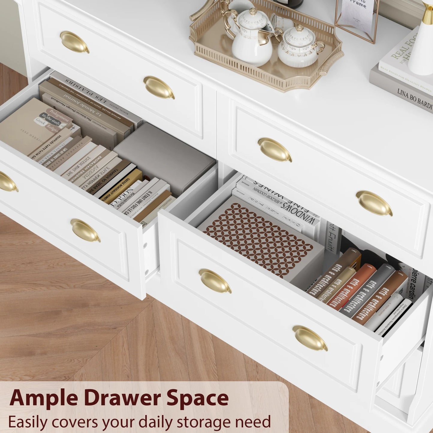 6 Drawer White Double Dresser for Bedroom, Gold Handle Drawer Chest Wood Storage Cabinet for Living Room, White