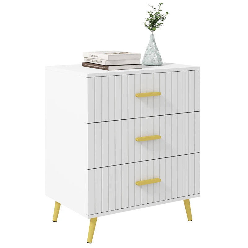 3 Drawer Cabinet, Drawer Chest for Bedroom, Chest of Drawers with Aluminium Legs and Gold Handles, White
