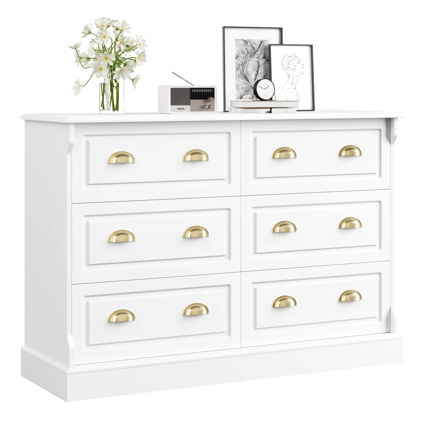 6 Drawer White Double Dresser for Bedroom, Gold Handle Drawer Chest Wood Storage Cabinet for Living Room, White