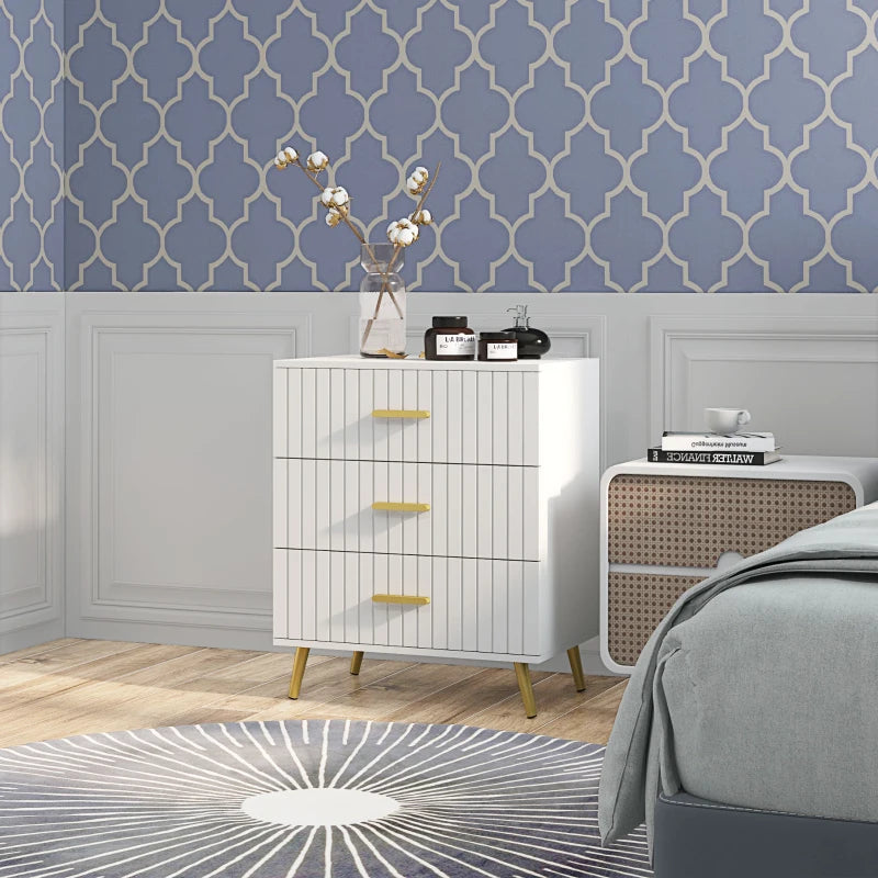 3 Drawer Cabinet, Drawer Chest for Bedroom, Chest of Drawers with Aluminium Legs and Gold Handles, White