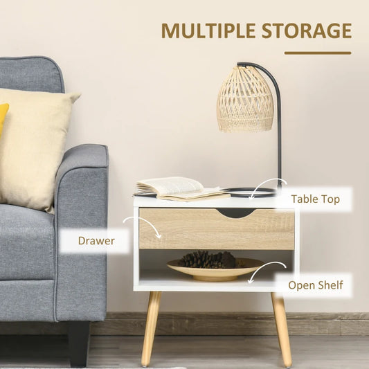 Bedside Table with Drawer and Open Shelf - Compact White Nightstand