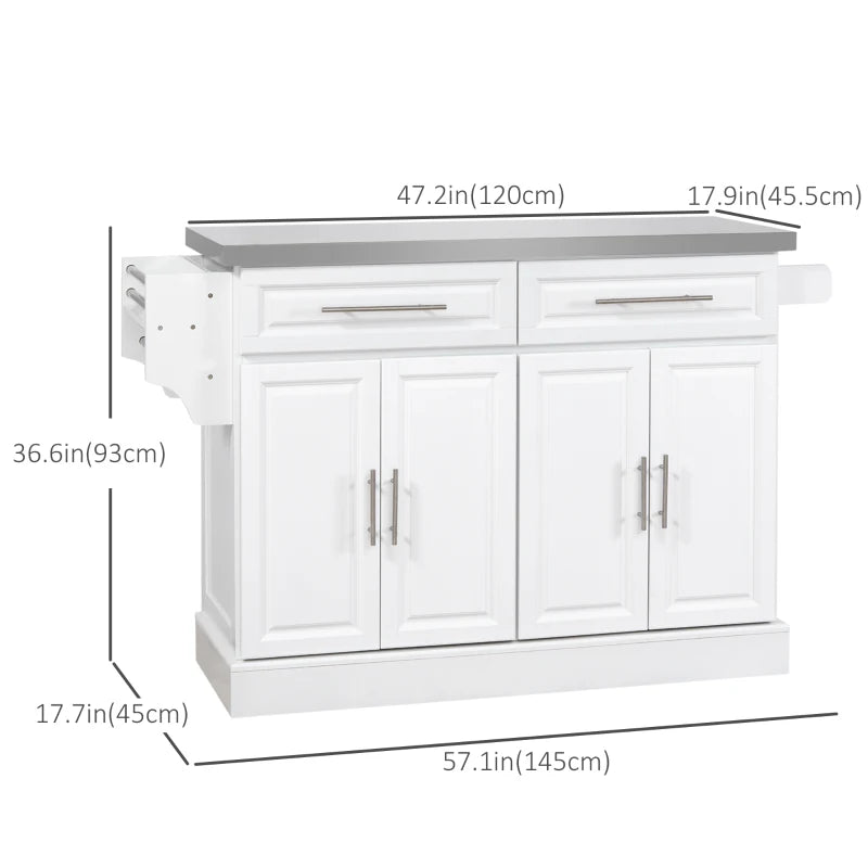 Rolling Kitchen Island with Storage and Stainless Steel Top, Kitchen Trolley with Drawers, Cabinets, Towel Rack