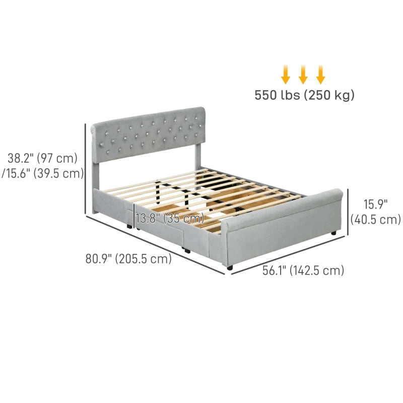 Full Bed Frame with Headboard, Double Bed Frame with 2 Drawers, No Box Spring Needed, Easy Assembly, Light Grey
