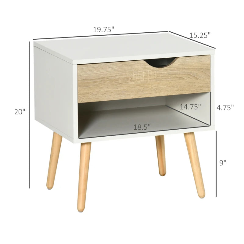 Set of 2 Bedside Table with Drawer and Shelf, Modern Nightstand, End Table for Bedroom, White