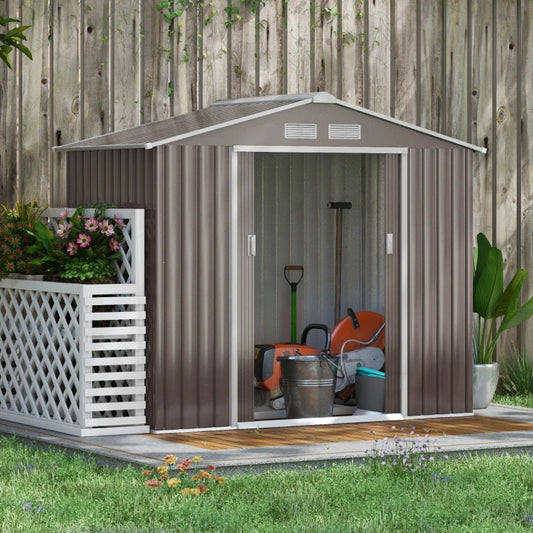 7' x 4' x 6' 花园储物棚户外露台金属工具储藏室带地基套件和双门灰色
