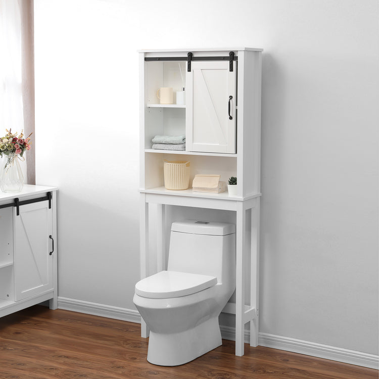 66.93" H Farmhouse White Over-The-Toilet Storage Cabinet with Sliding Barn Door Multi Market World Inc.