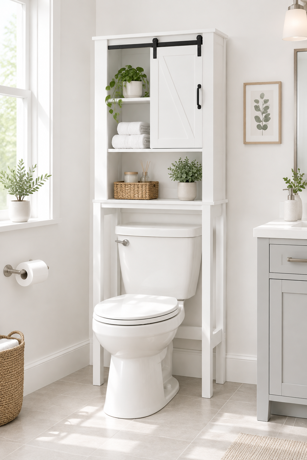 A white over-the-toilet storage cabinet with a sliding barn-style door, shown in a bright, modern bathroom next to a window and vanity.