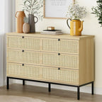 6 Drawer Rattan Dresser for Bedroom, 47" Boho Wide Chest of Drawers with Natural Hand-Woven Rattan Doors (fd) Multi Market World Inc.