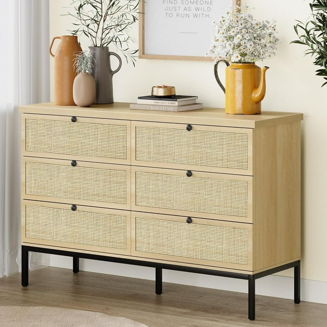 6 Drawer Rattan Dresser for Bedroom, 47" Boho Wide Chest of Drawers with Natural Hand-Woven Rattan Doors (fd) Multi Market World Inc.