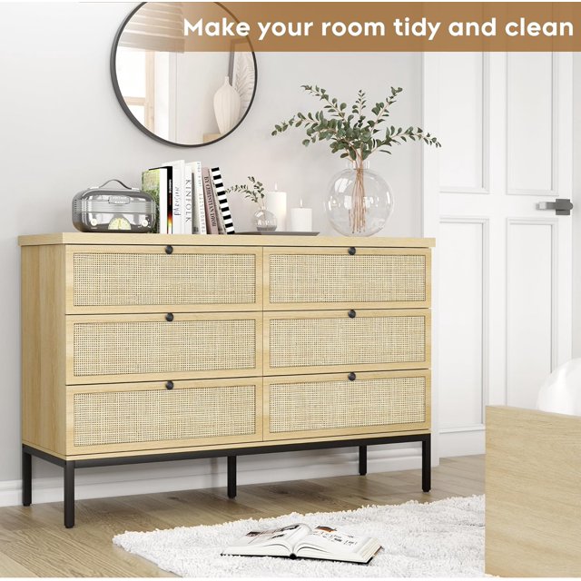 6 Drawer Rattan Dresser for Bedroom, 47" Boho Wide Chest of Drawers with Natural Hand-Woven Rattan Doors (fd) Multi Market World Inc.