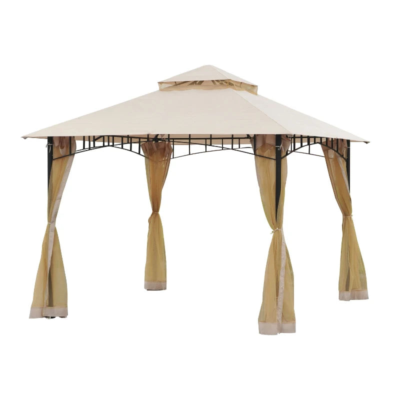 10' x 10' Double Tier Garden Gazebo Canopy Outdoor Sunshade Tent Water-Resistant Anti-UV Roof with Metal Frame and Mesh Sidewalls, Beige