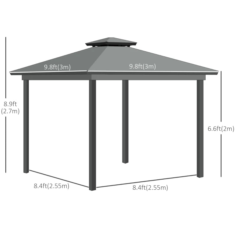 10' x 10' Hardtop Gazebo, Aluminum Frame Garden Sun Shelter with Double Tier Metal Roof, Mosquito Netting, Curtains, and Hanging Hook, Grey