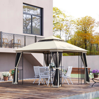 10'x10' Soft-top Patio Gazebo Deck Canopy with Double Tier Roof, Removable Mesh Curtains, Display Shelves, Top Hooks