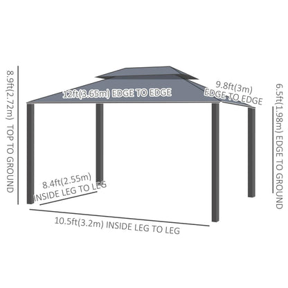 10' x 12' Hardtop Gazebo, Aluminum Frame Garden Sun Shelter with Double Tier Metal Roof, Mosquito Netting, Curtains, and Hanging Hook, Brown
