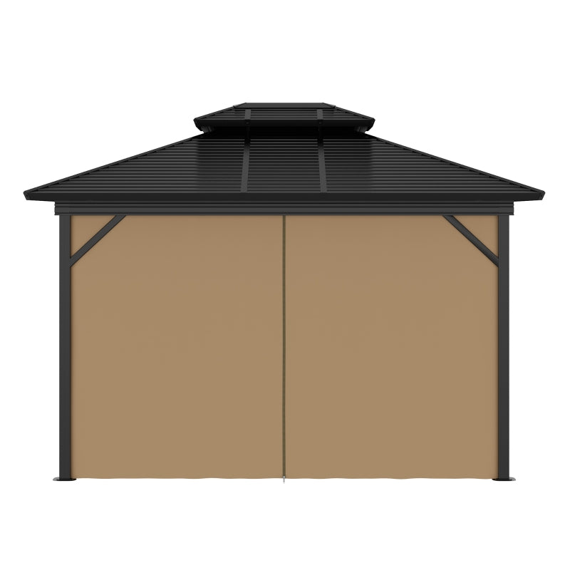 10' x 12' Hardtop Gazebo, Aluminum Frame Garden Sun Shelter with Double Tier Metal Roof, Mosquito Netting, Curtains, and Hanging Hook, Brown