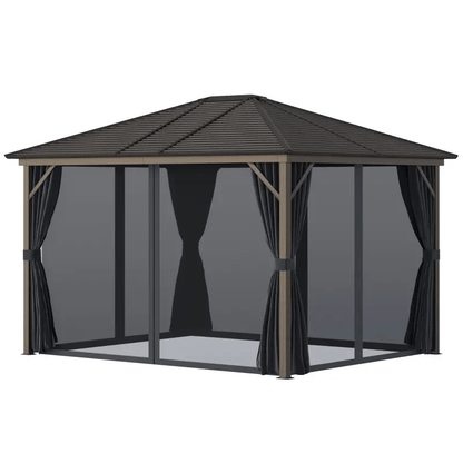 10' x 12' Deluxe Hardtop Gazebo with Metal Roof, Aluminum Frame Patio Gazebo Garden Sun Shelter Outdoor Pavilion with Curtains and Netting, Grey
