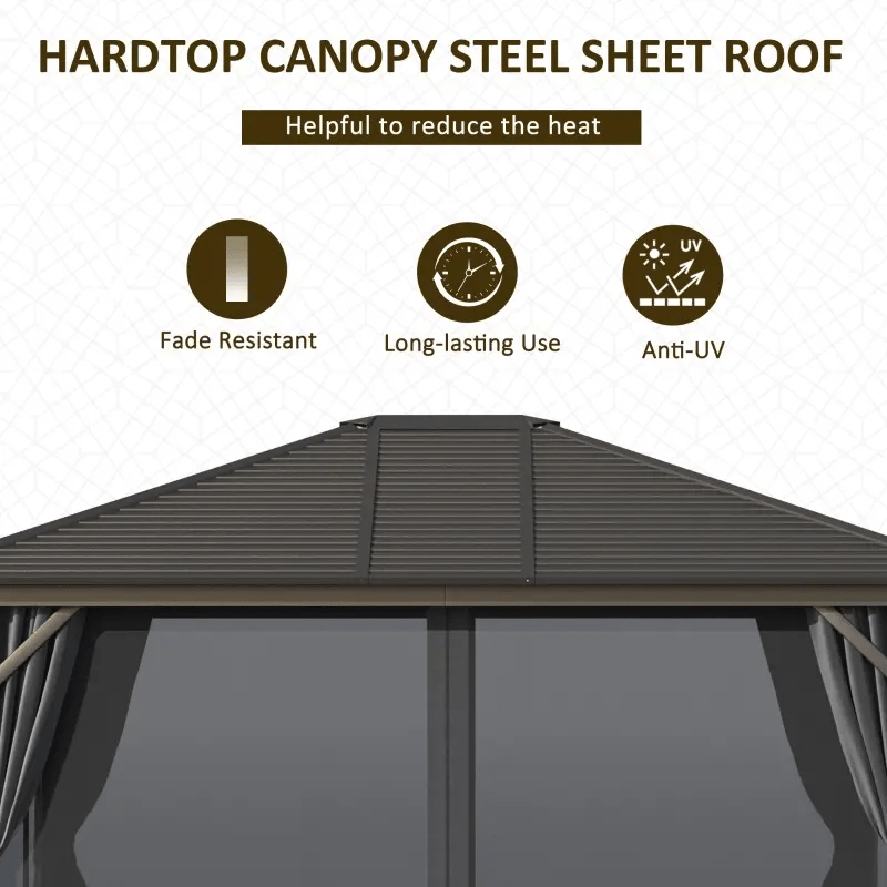 10' x 12' Deluxe Hardtop Gazebo with Metal Roof, Aluminum Frame Patio Gazebo Garden Sun Shelter Outdoor Pavilion with Curtains and Netting, Grey