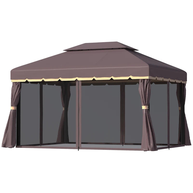10 x 13ft Aluminum Frame Gazebo Canopy Double Tier Garden Shelter with Netting and Curtains, Coffee