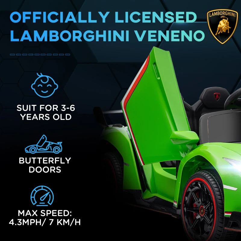 12V Electric Ride on Car with Butterfly Doors, 4.3Mph Kids Ride-on Toy for Boys and Girls with Remote Control, Bluetooth, Horn Honking, Music, Lights, Green Lamborghini