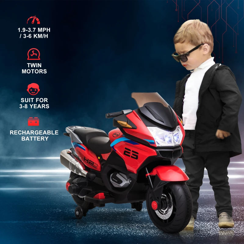 12V Kids Motorcycle with Training Wheels, Battery-Operated Motorbike for Kids with Lights, Music, up to 3.7 Mph, Red