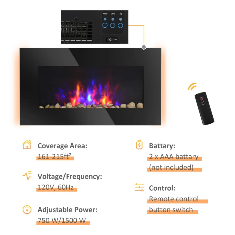 1500W Electric Fireplace Heater Wall Mounted With Remote Control LED Flame 7 Color