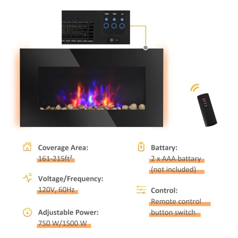 1500W Electric Fireplace Heater Wall Mounted With Remote Control LED Flame 7 Color Multi Market World Inc.