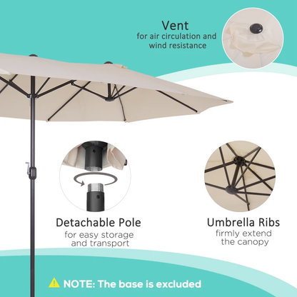 15' Outdoor Patio Umbrella with Twin Canopy Sunshade Steel Table Umbrella with Lift Crank Beige