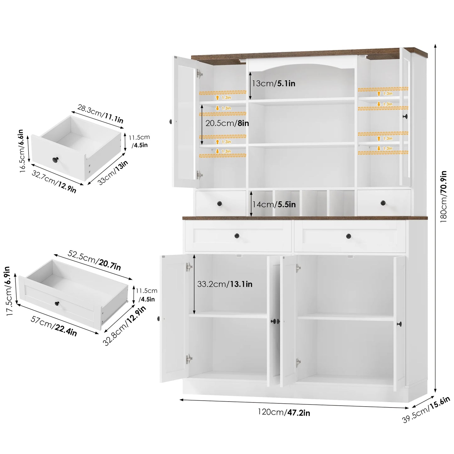 70.9'' Kitchen Pantry Cabinet, Freestanding Cupboard with Removable Wine Rack and Shelves, for Living Dining Room, White
