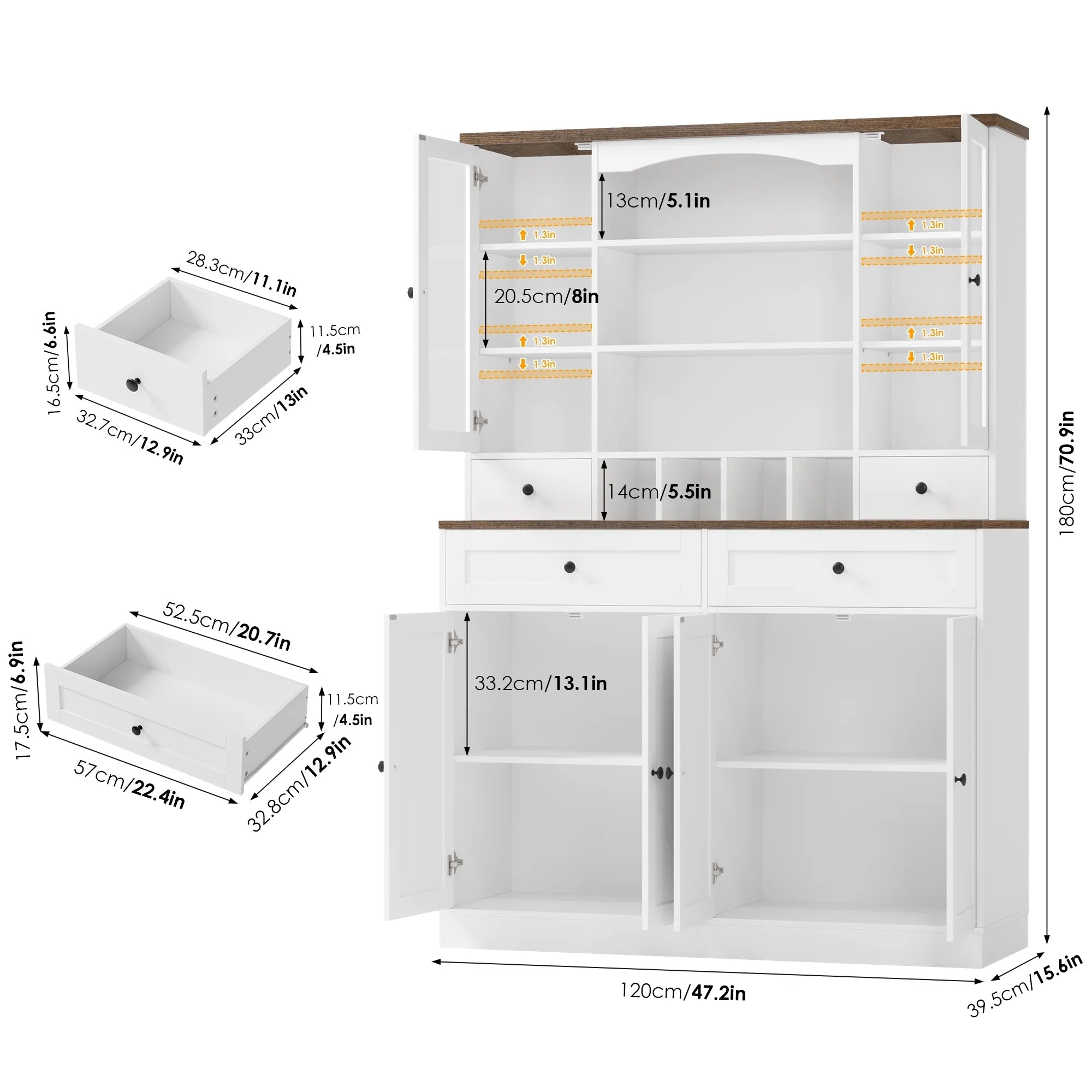 70.9'' Kitchen Pantry Cabinet, Freestanding Cupboard with Removable Wine Rack and Shelves, for Living Dining Room, White Multi Market World Inc.