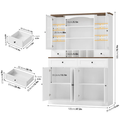 70.9'' Kitchen Pantry Cabinet, Freestanding Cupboard with Removable Wine Rack and Shelves, for Living Dining Room, White