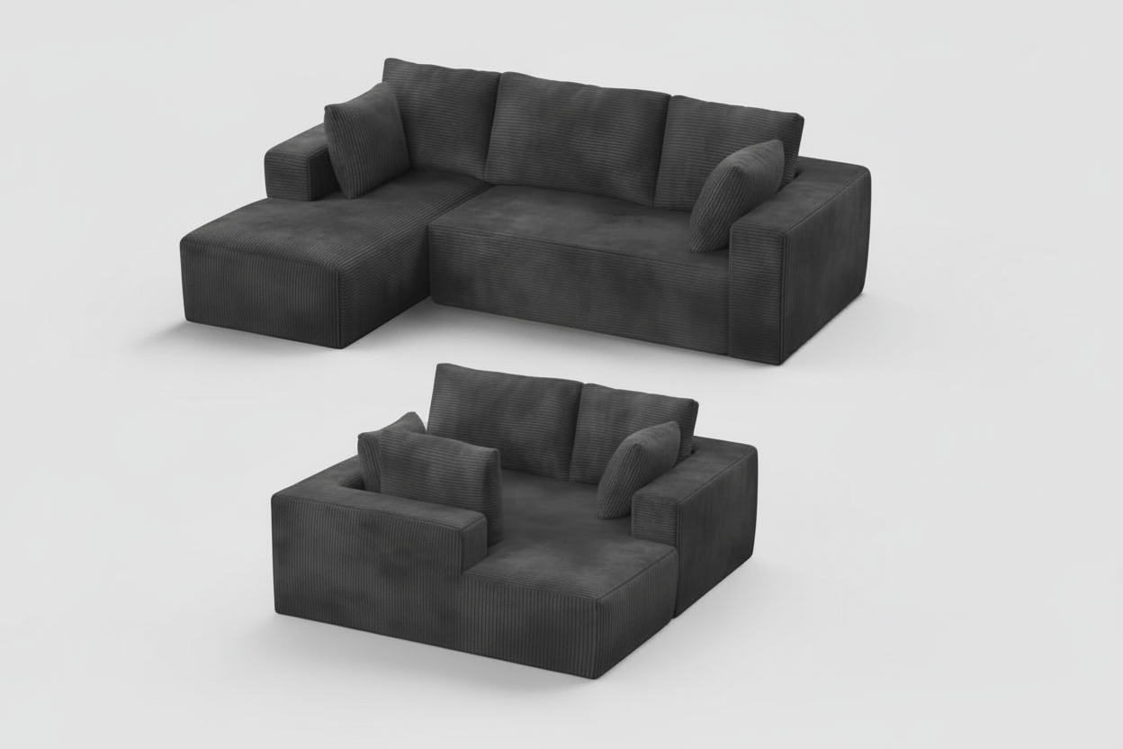 106” Cloud Sectional Couch - Modular Corduroy L-Shaped Sofa - Boneless Deep Seat Couch with Chaise - No Assembly Required - Dark Grey Multi Market World Inc.