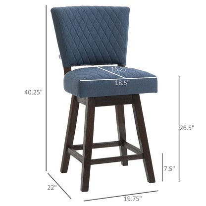 Swivel Bar Stool, Counter Height Barstool with Back, Rubber Wood Legs and Footrest, for Kitchen, Dining Room, Pub, Dark Blue