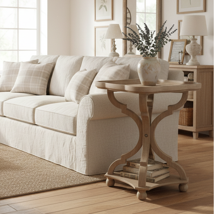 French Country Scalloped Wood Side Table with Pedestal Base, Wooden End Table/ Coffee Table Multi Market World Inc.