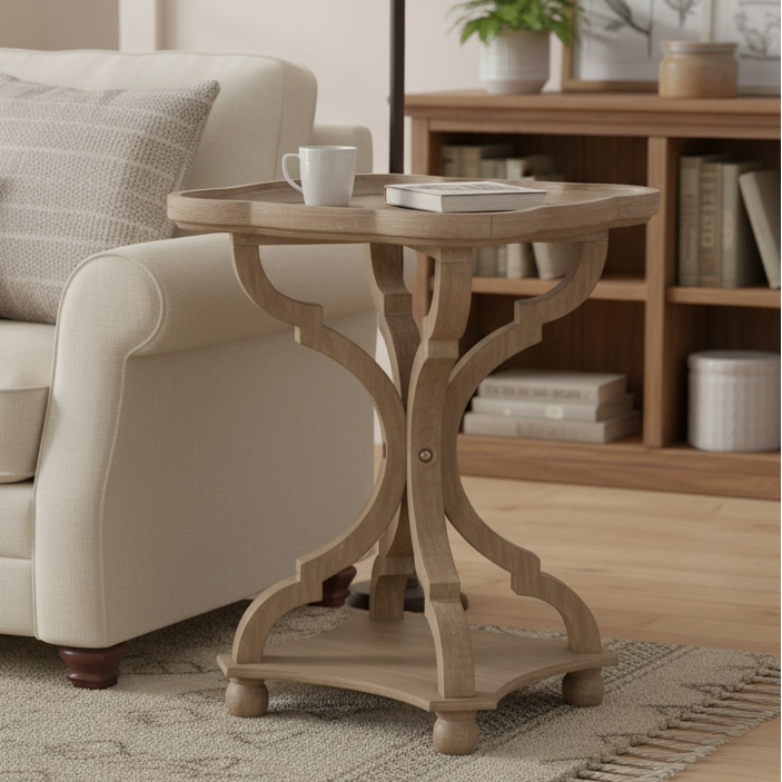 French Country Scalloped Wood Side Table with Pedestal Base, Wooden End Table/ Coffee Table Multi Market World Inc.