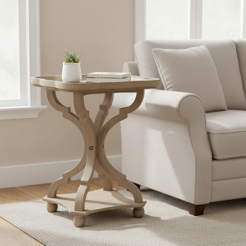 French Country Scalloped Wood Side Table with Pedestal Base, Wooden End Table/ Coffee Table Multi Market World Inc.