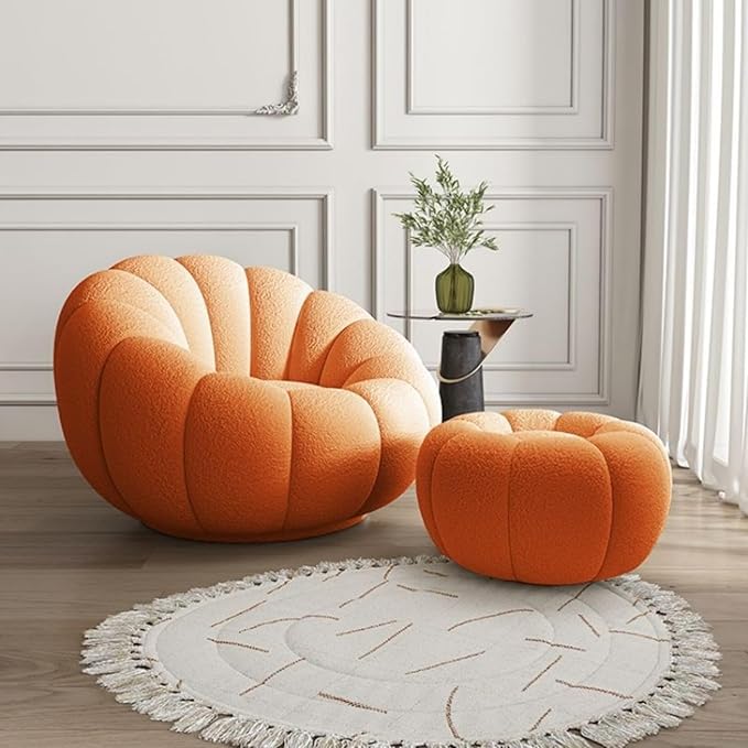 Pumpkin Swivel Accent Chair, Modern Lounge Sofa Round Barrel Chair, Wool Chair with Ottoman