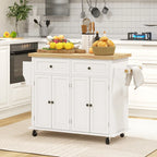 Kitchen Island with Storage, Rolling Trolley Cart with Rubber Wood Top, Spice Rack, Towel Rack, Cream White Multi Market World Inc.
