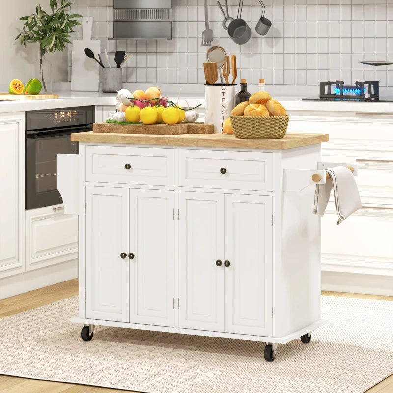 Kitchen Island with Storage, Rolling Trolley Cart with Rubber Wood Top, Spice Rack, Towel Rack, Cream White Multi Market World Inc.