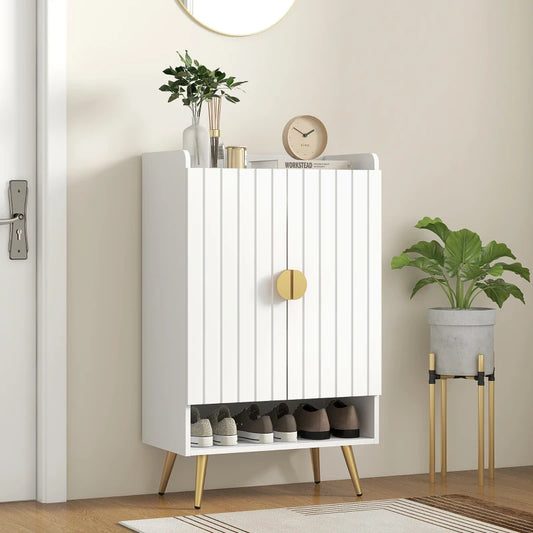 Entryway Shoe Storage Cabinet, Narrow Shoe Cabinet with Adjustable Shelves and Open Shelf for 15 Pairs of Shoes, White