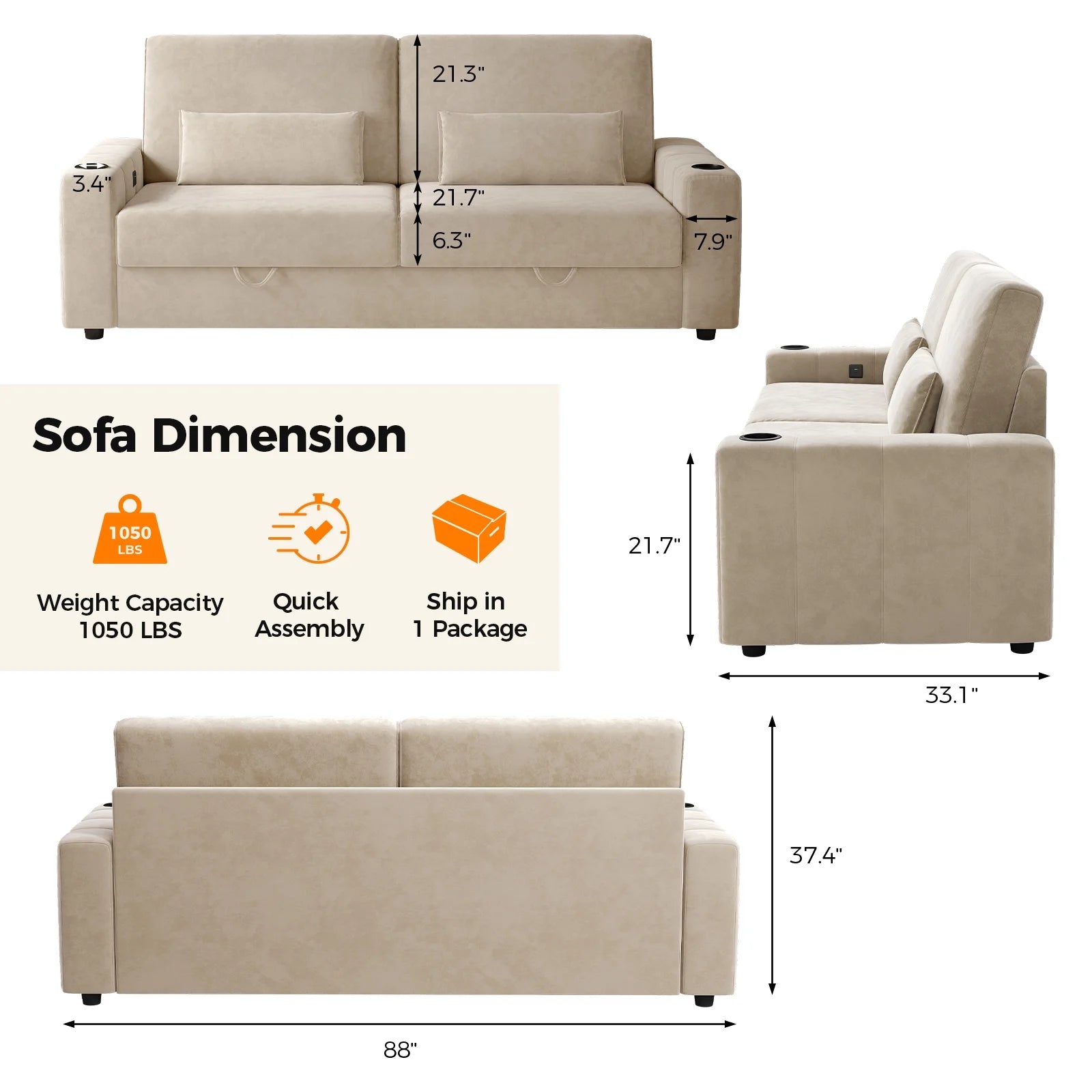 87 Inch Modern Velvet Sofa Couch, 3-Seater Loveseat with Hidden Storage Base, USB & Type-C Charging Ports, for Living Room (Cream) Multi Market World Inc.