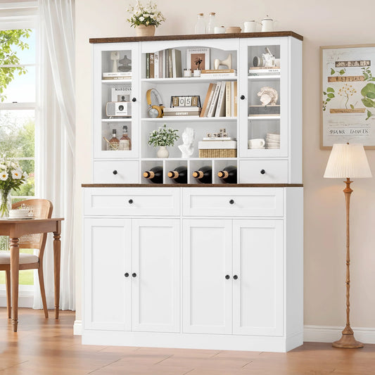 70.9'' Kitchen Pantry Cabinet, Freestanding Cupboard with Removable Wine Rack and Shelves, for Living Dining Room, White