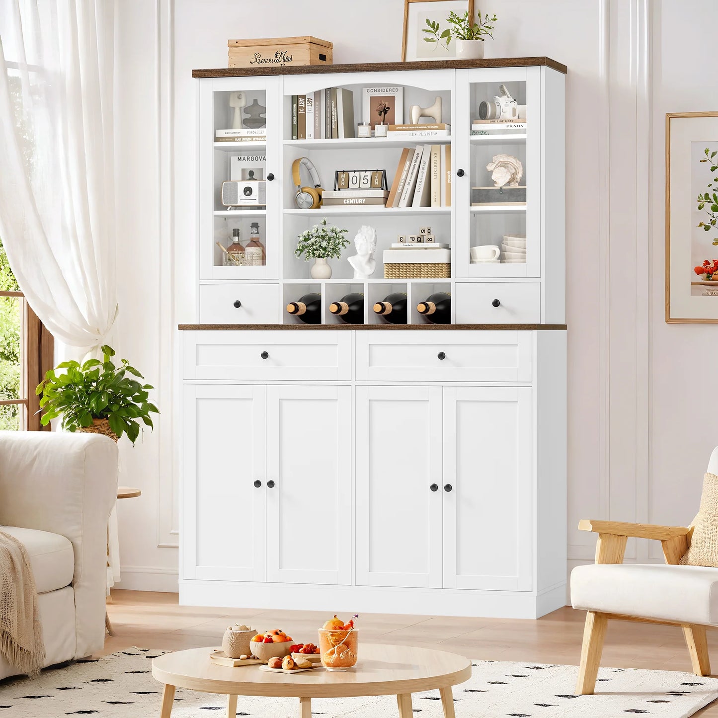 70.9'' Kitchen Pantry Cabinet, Freestanding Cupboard with Removable Wine Rack and Shelves, for Living Dining Room, White